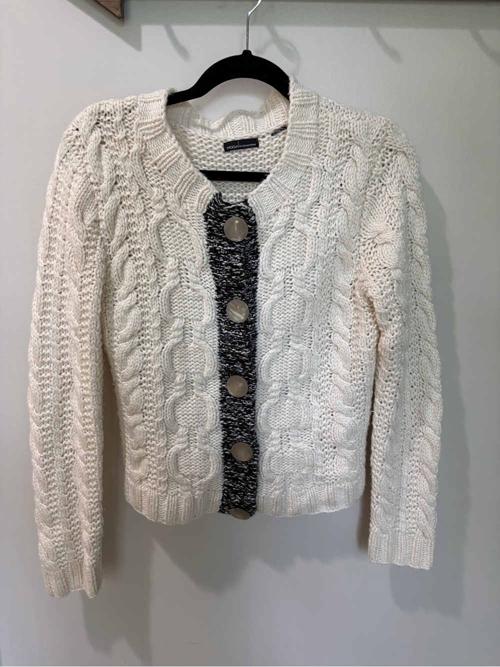 Moda International Small Cream Cable Knit Cardigan Sweater Contrast Button Front